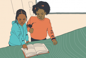 Two young black girls reading